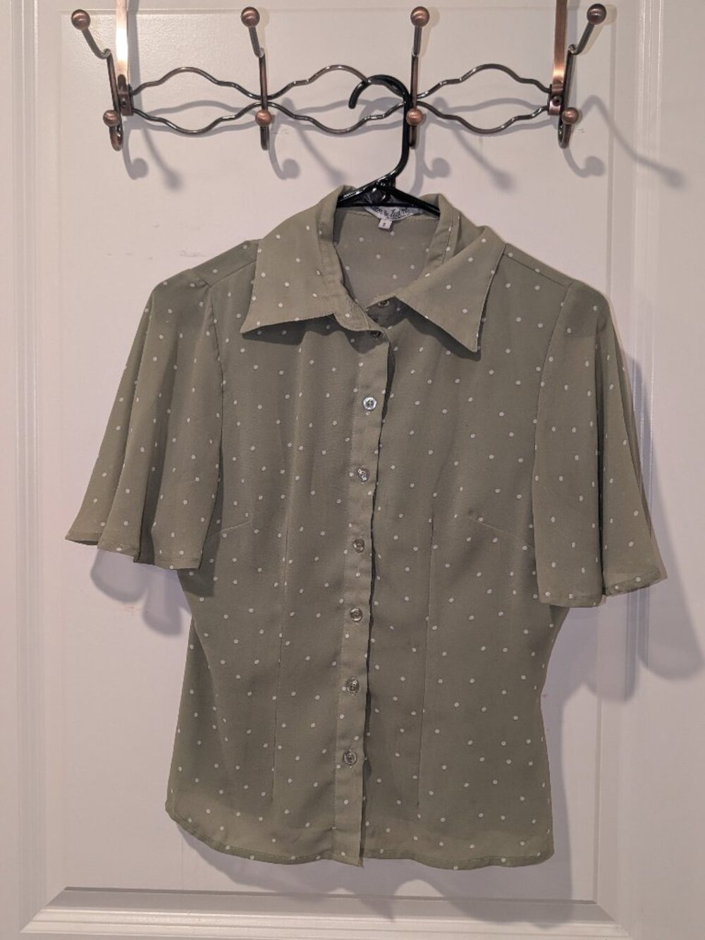 Women's Light Green Chiffon Short Sleeve Button Up White Polka Dot Blouse